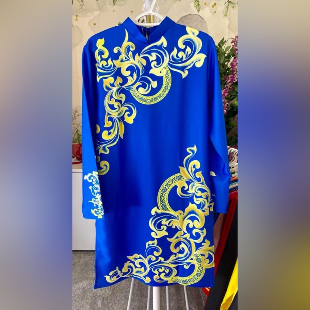 ao dai cach tan nam, Vietnamese men’s contemporary long dress top blue l xxl 4
